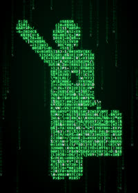 A green-code Matrix style card back with Guy, the Northwoods Computer Guy mascot, made out of characters