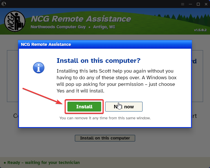 NCG Remote Assistance window asking Install on this computer, with the green Install button highlighted