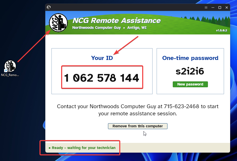 The NCG Remote Assistance window with the desktop icon, the Your ID number and the Ready line highlighted