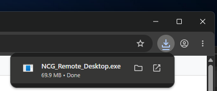 Chrome download box showing NCG_Remote_Assistance_Setup.exe finished downloading