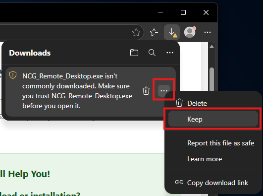 The three dots menu in Edge with the Keep choice highlighted