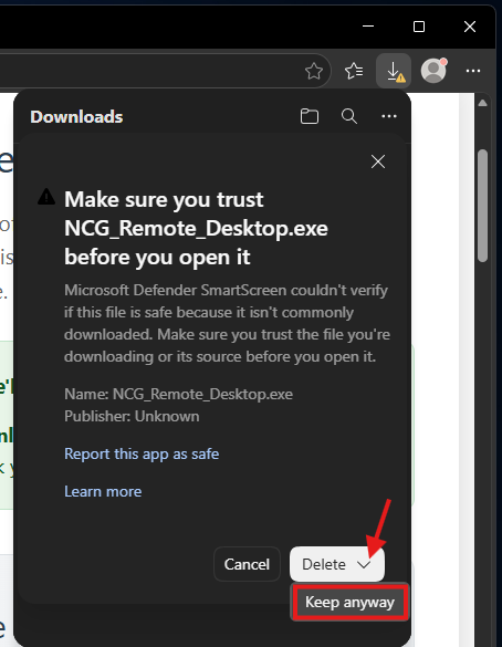 Edge box with a Delete button and a Keep anyway choice highlighted