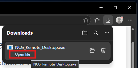 Edge Downloads box with the Open file link highlighted